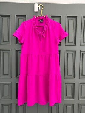 DKNY Hot Pink Tiered Tie-Neck Midi Dress